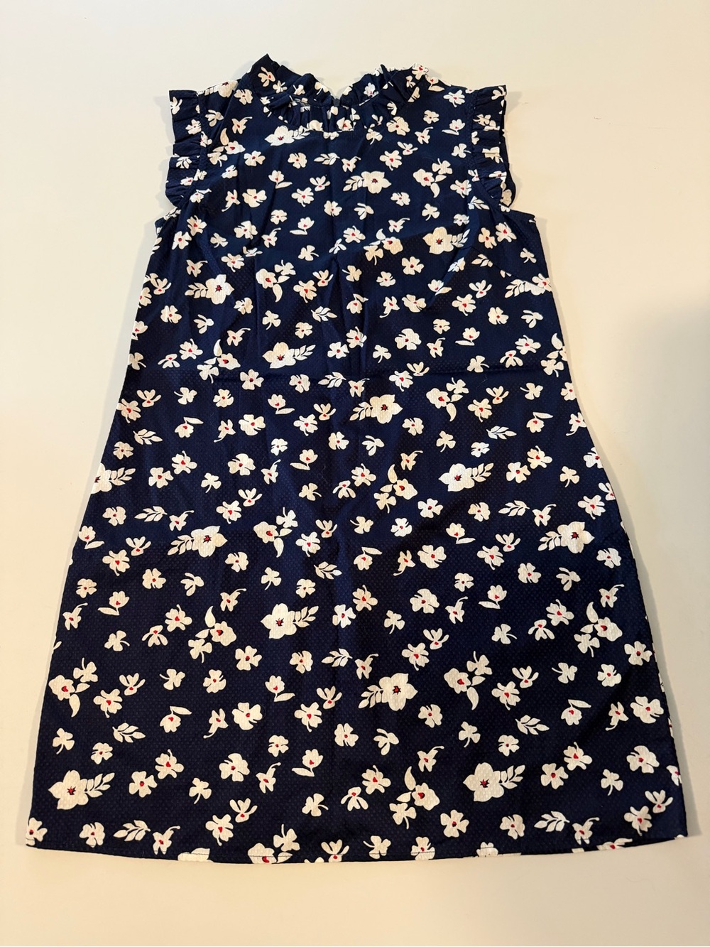 Duffield Lane Navy Floral Ruffle Neck Cotton Shift Dress Women's Medium